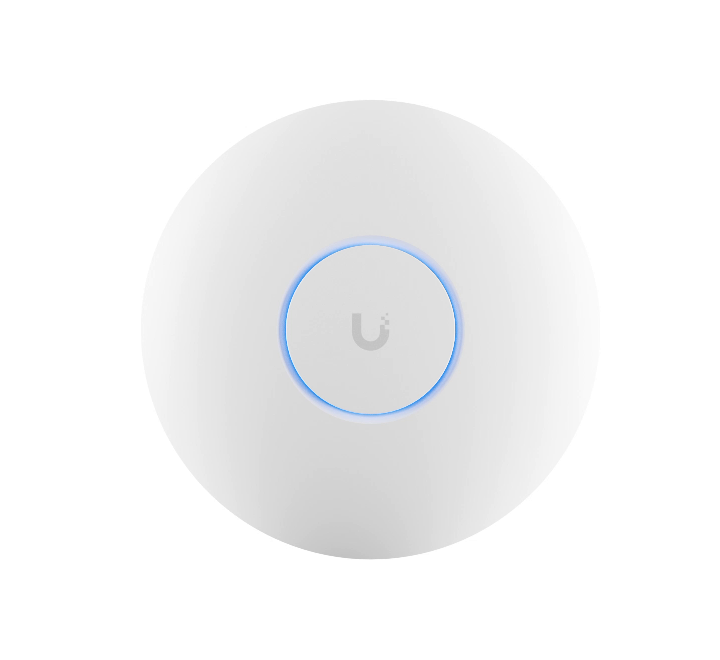 Ubiquiti UniFi U7 Pro ceiling-mount Wi-Fi 7 access point showing its circular white design with the center glowing UniFi LED indicator.