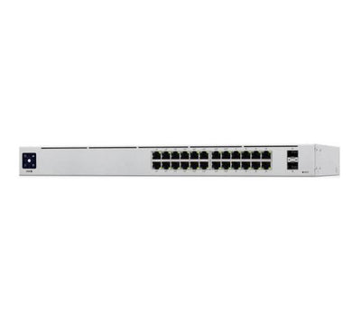 Ubiquiti UniFi USW-24-PoE front panel showing 24 Gigabit Ethernet ports, 2 SFP slots, and the 1.3 inch color touchscreen display.