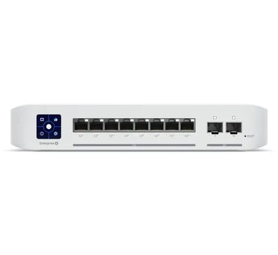 Front view of the Ubiquiti UniFi Switch Enterprise 8 PoE showcasing its 8 multi-gigabit ports, 2 SFP+ uplinks, and color LCM touchscreen layout.