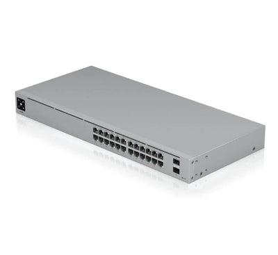 Ubiquiti UniFi USW-24-PoE unboxed package including the rackmount switch hardware, standard power cord, and included rack ear mount kit.