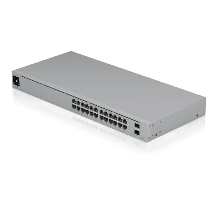 Ubiquiti UniFi USW-24-PoE unboxed package including the rackmount switch hardware, standard power cord, and included rack ear mount kit.
