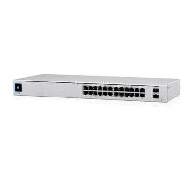 Close-up view of the 1.3 inch LCM color touchscreen on the Ubiquiti UniFi USW-24-PoE switch highlighting hardware status info.