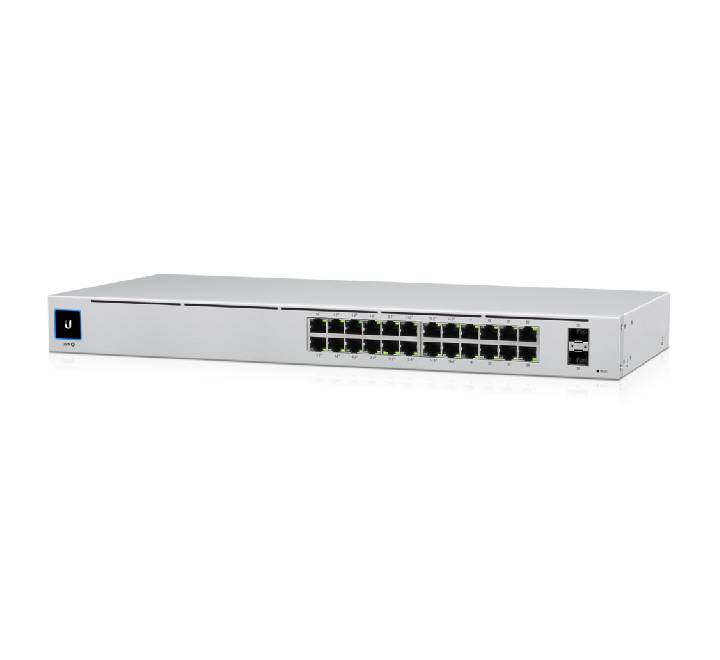 Close-up view of the 1.3 inch LCM color touchscreen on the Ubiquiti UniFi USW-24-PoE switch highlighting hardware status info.