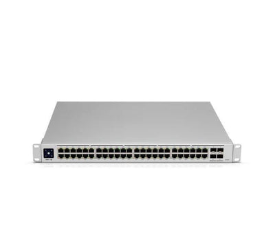 Ubiquiti USW-Pro-48-POE switch front view featuring 1.3 inch color touchscreen and 48 PoE ports.