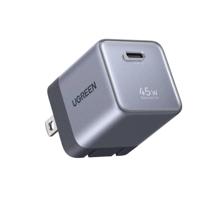 Angled front view of the UGREEN 45W USB-C GaN fast charger in space gray showing its compact profile and port layout.