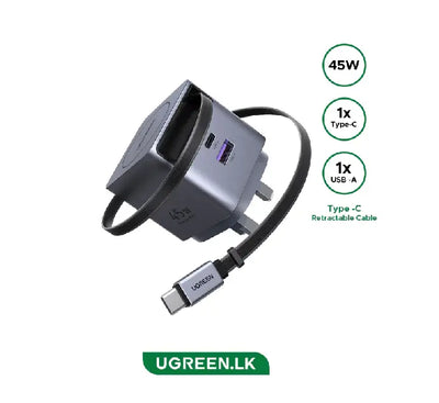 Top view of UGREEN X614 charger displaying built-in USB-C cable along with extra USB-C and USB-A charging ports.