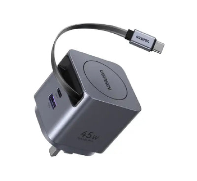 UGREEN 45W GaN Fast Charger X614 in Tarnish finish showing compact body and built-in retractable USB-C cable.