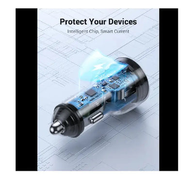 "UGREEN 60W Type-C car charger plugged into 12V outlet charging two smartphones"