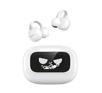 Close-up of the UGREEN HiTune ClipBuds Magic charging case featuring the interactive smart touchscreen display showing music controls.