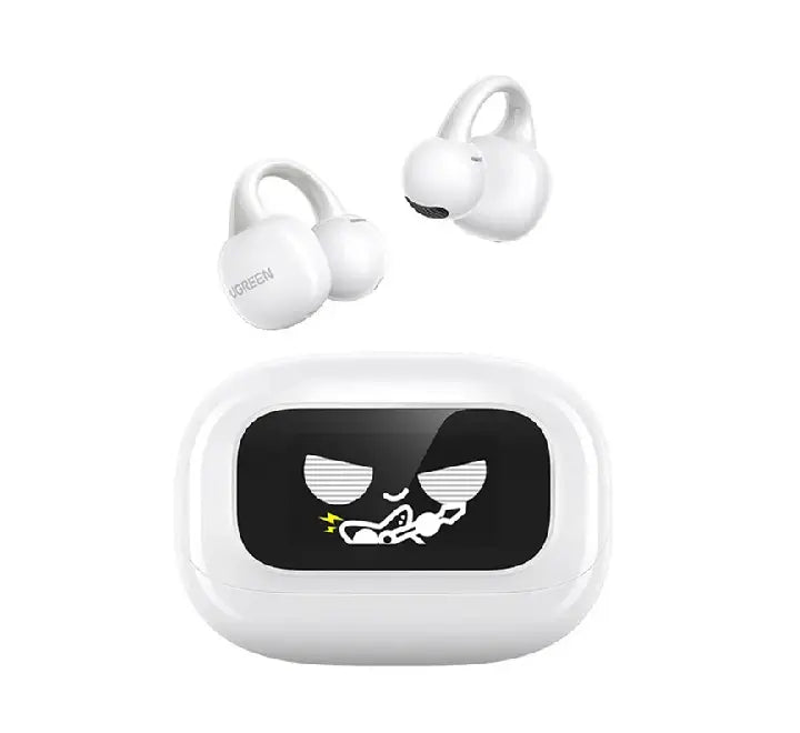 Close-up of the UGREEN HiTune ClipBuds Magic charging case featuring the interactive smart touchscreen display showing music controls.