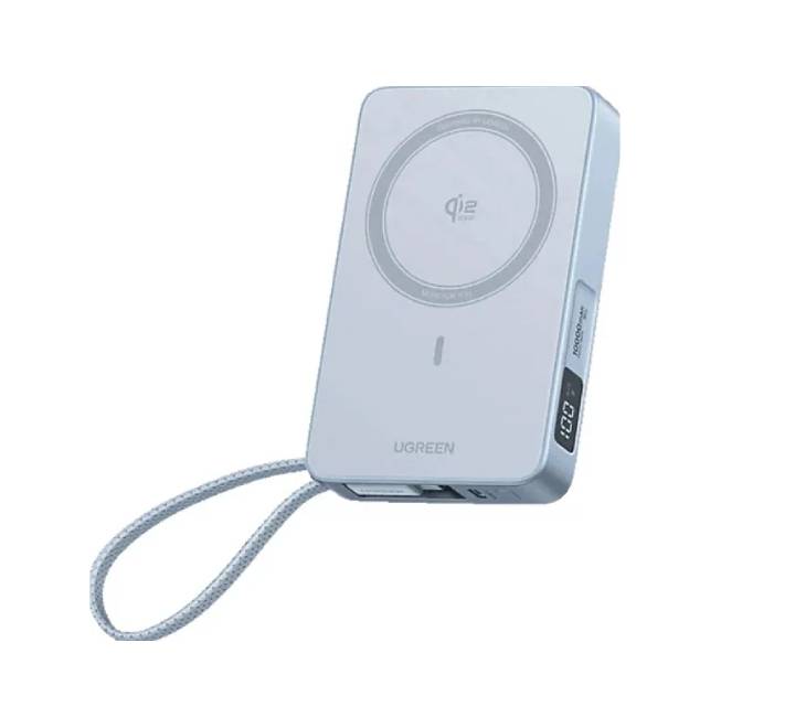 UGREEN MagFlow 25W wireless power bank securely attached magnetically to the back of a smartphone.