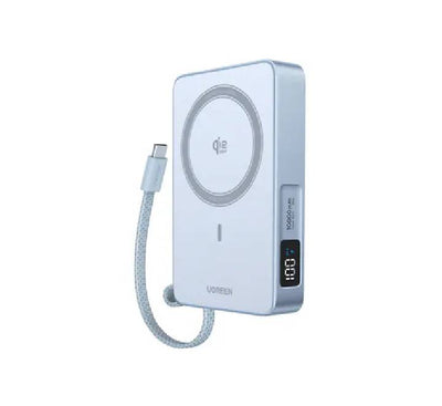 Angled front view of the UGREEN 10000mAh 25W Qi2 MagFlow magnetic wireless power bank showing its slim profile.