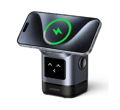 UGREEN Uno 2-in-1 Qi2 magnetic wireless charger W709 robot design with LED face.