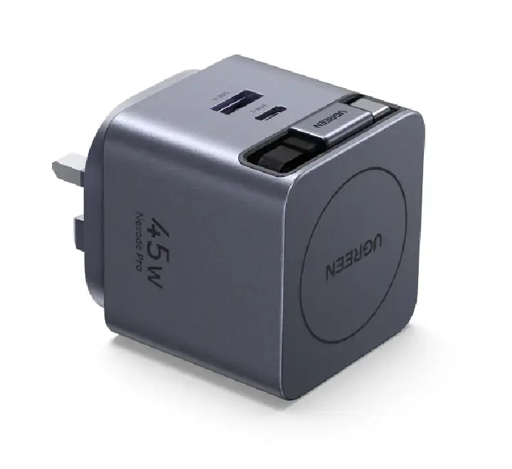 Close-up of the UGREEN 45W GaN charger with the 0.7m retractable USB-C cable extended.