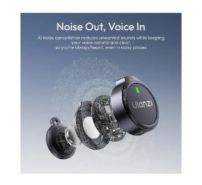 Ulanzi A21 Type-C wireless lavalier microphone with button-sized transmitter and sliding drawer charging case