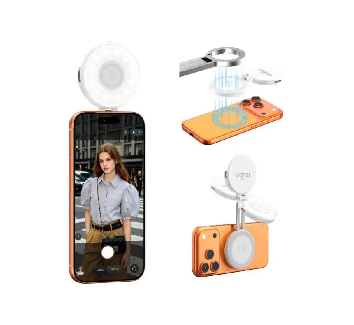 Ulanzi LM21 Magnetic Fill Light in white color mounted on smartphone