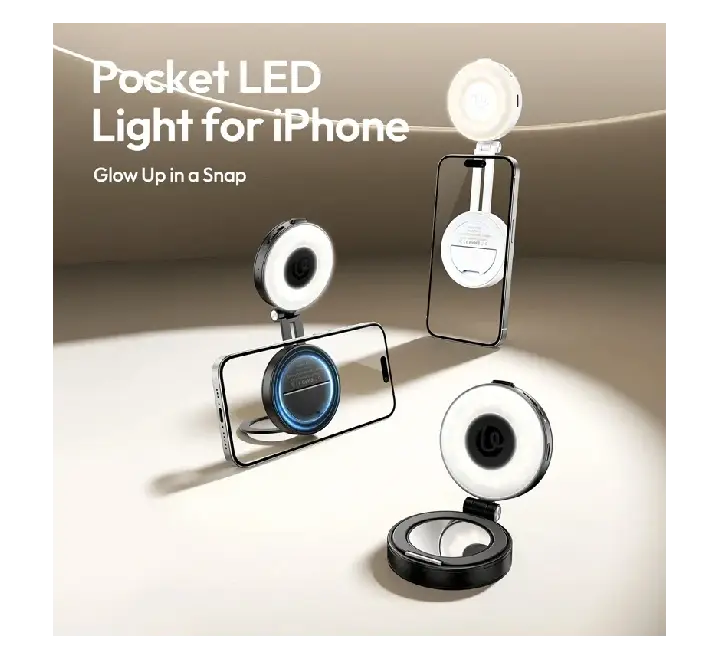 Ulanzi LM23 fold-out magnetic fill light used as an adjustable desktop phone stand