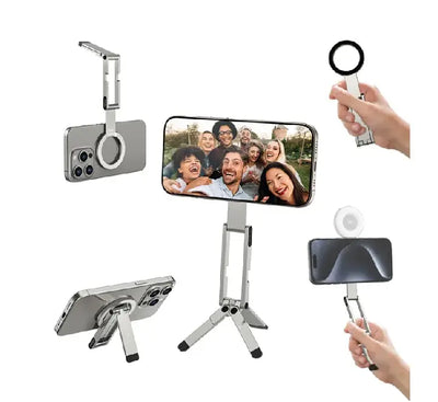 Ulanzi MA60 dual-sided magnetic tripod holding a smartphone on front and LED light on back