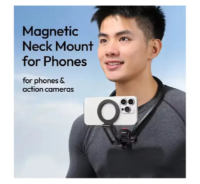 Ulanzi MG14 magnetic neck mount base showing Go-Quick II quick release mechanism and action camera adapter