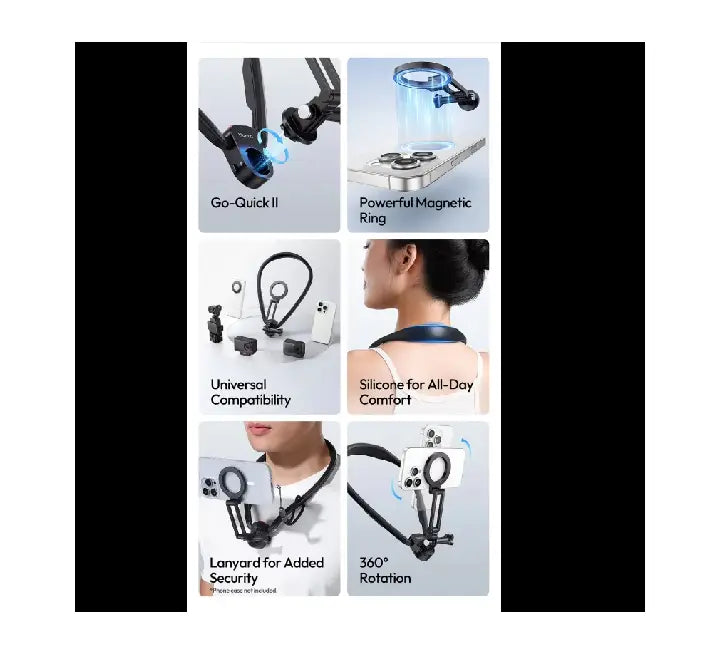 Ulanzi MG14 magnetic neck mount package contents including magnetic sticker, action camera adapter, and safety lanyard