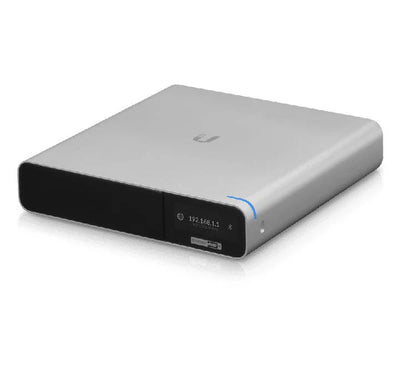 Ubiquiti UniFi Cloud Key Gen2 Plus front view showing OLED status display and silver aluminum finish