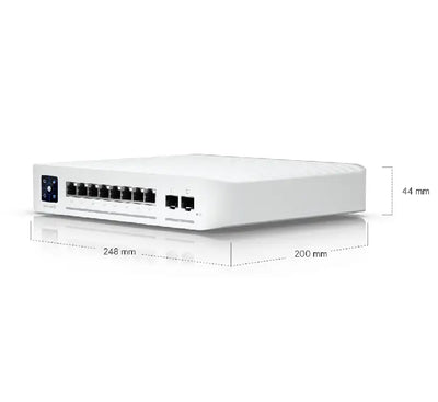 Angled profile shot of the compact UniFi USW Enterprise 8 PoE hardware switch displaying its premium steel enclosure casing.