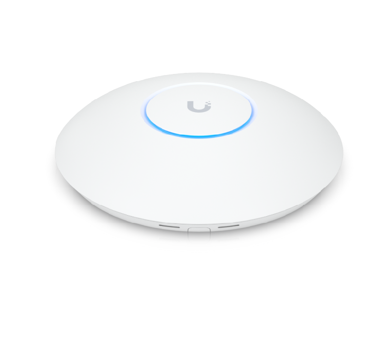 Rear view of the Ubiquiti U7 Pro access point showing the 2.5 GbE RJ45 ethernet uplink port and mounting anchor locking system.