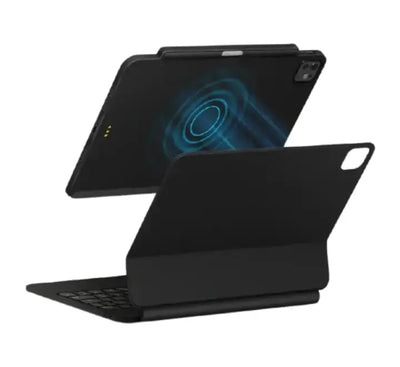 UNIQ Axel Snap-Easy Magnetic iPad Case in Ebony showing thin, snap-on protective back panel design with integrated Apple Pencil holder.