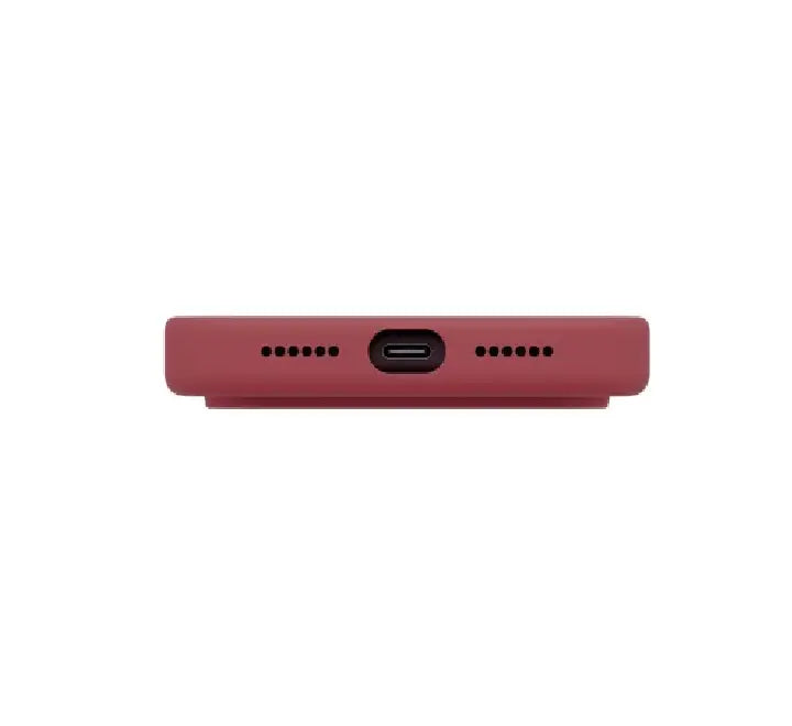 Handholding UNIQ Lino liquid silicone case showing smooth anti-fingerprint texture