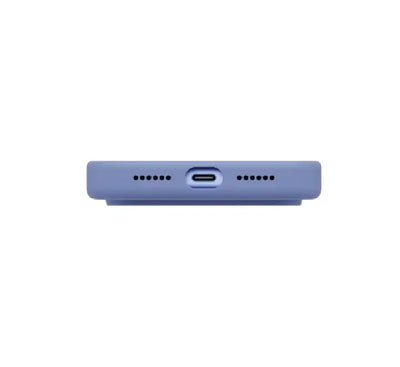 Handholding UNIQ Lino liquid silicone case showing smooth anti-fingerprint texture