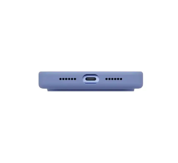 Handholding UNIQ Lino liquid silicone case showing smooth anti-fingerprint texture