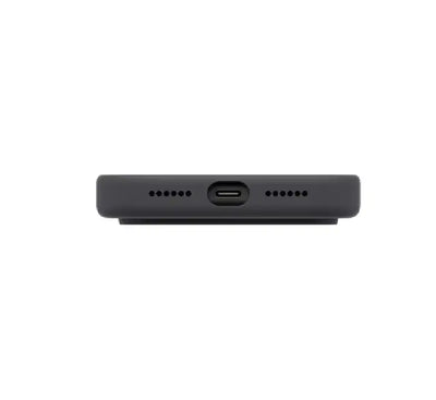 Handholding UNIQ Lino liquid silicone case showing smooth anti-fingerprint texture