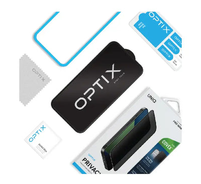Official retail packaging box of the UNIQ Optix Convex Privacy screen protector for iPhone 17.
