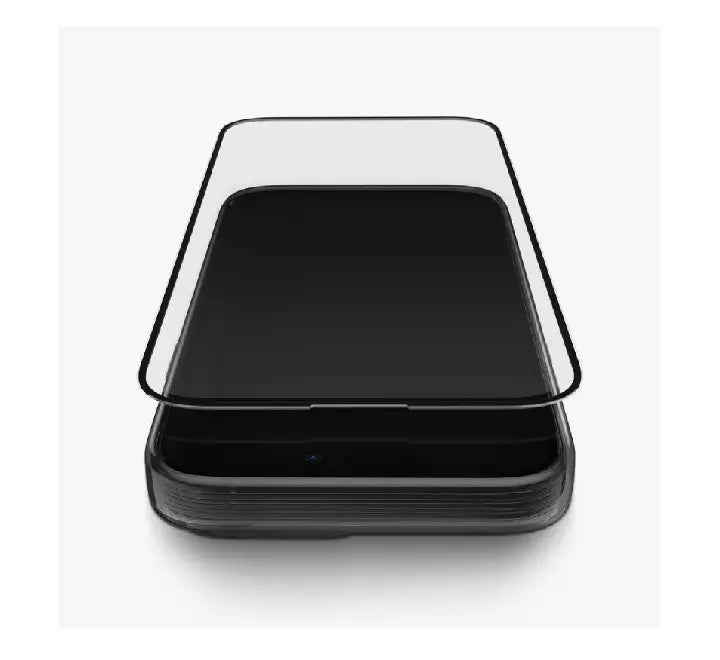 Close-up cross-section view illustrating the smooth, dust-resistant convex curved borders of the UNIQ Optix screen protector.