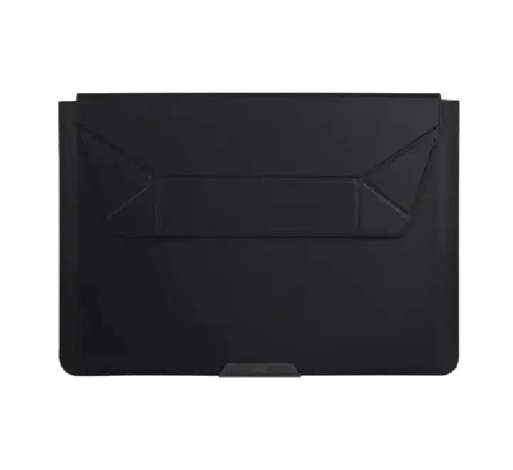 Uniq Oslo 14 inch vegan leather laptop sleeve with integrated foldable stand in Jet Black