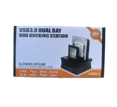 Top angled view of the USB 3.0 dual bay hard drive docking station on ICT.com.mm showing the tool-free SATA slots and cloning buttons.