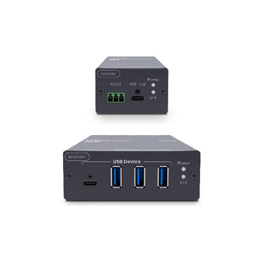 Professional AV setup utilizing a Cat6A cable to extend high-speed USB 3.2 signals.