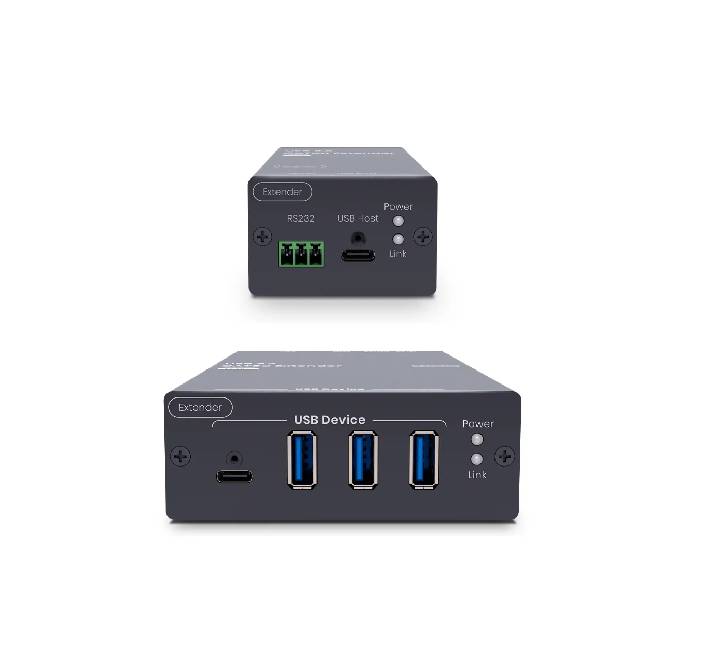 Professional AV setup utilizing a Cat6A cable to extend high-speed USB 3.2 signals.