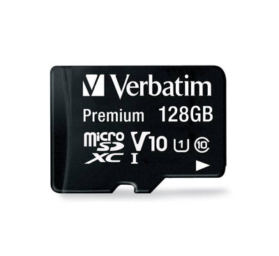 Verbatim 128GB Premium microSDXC memory card sitting next to its included full-size SD adapter.