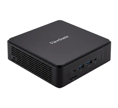 Front angle view of the compact ViewSonic VBS105-W Mini PC in black showing power button and front ports.