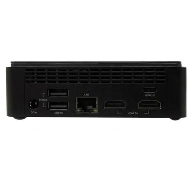 Rear I/O panel of ViewSonic VBS105-W Mini PC displaying HDMI, USB 3.2, Type-C, and Ethernet ports.
