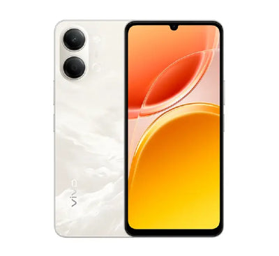 Rear three-quarter perspective view of the vivo Y05 smartphone in Summit Platinum, showcasing its reflective luxury light-patterned back panel and 8MP primary lens with high-intensity torch assembly.