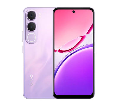 Rear and front view of the vivo Y21d smartphone in Purple, showing the elegant gradient back design, the 50MP dual camera setup, and the large immersive 6.68-inch display.