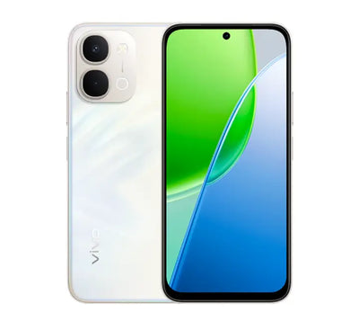 Rear and front view of vivo Y31d in Glow White, highlighting the shifting 3D light patterns on the back panel, metallic dual camera module, and the fluid 6.75-inch 120Hz display.