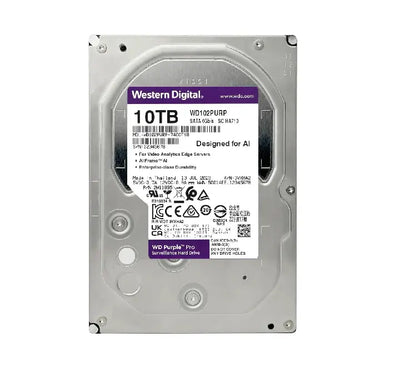 Side angle of the 3.5-inch WD Purple Pro 10TB internal hard drive highlighting its rugged design for multi-bay systems.