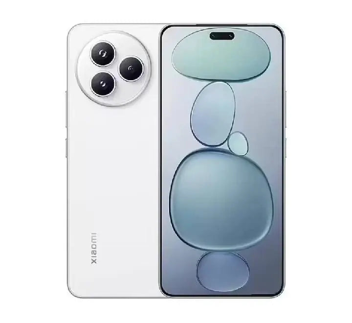 Front and back view of the Xiaomi Civi 5 Pro 5G in Snow Rock White highlighting the 1.5K AMOLED 120Hz display.
