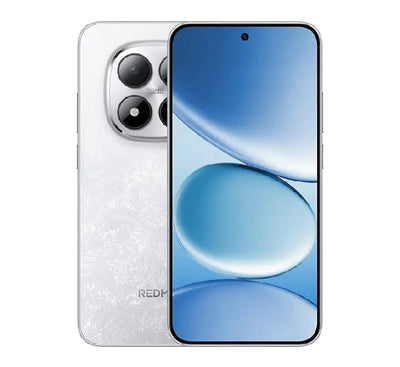 Xiaomi Redmi Note 15 Pro 5G smartphone in Pearl White showcasing its clean, minimalist glossy back panel and sleek silver camera housing.