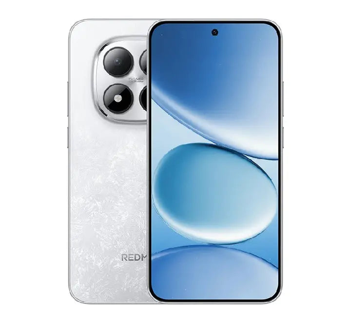Xiaomi Redmi Note 15 Pro 5G smartphone in Pearl White showcasing its clean, minimalist glossy back panel and sleek silver camera housing.