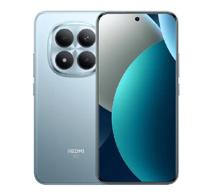 Xiaomi Redmi Note 15 Pro+ 5G Stable Edition smartphone in Glacier Blue, highlighting its reflective glass back and sleek curved aluminum-alloy frame.