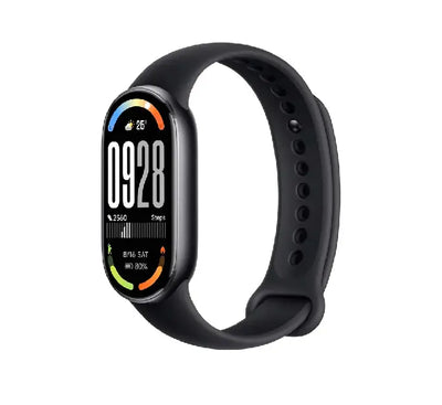 Close-up of the bright 1500 nits AMOLED display on the Xiaomi Smart Band 10 showing readable notifications in sunlight